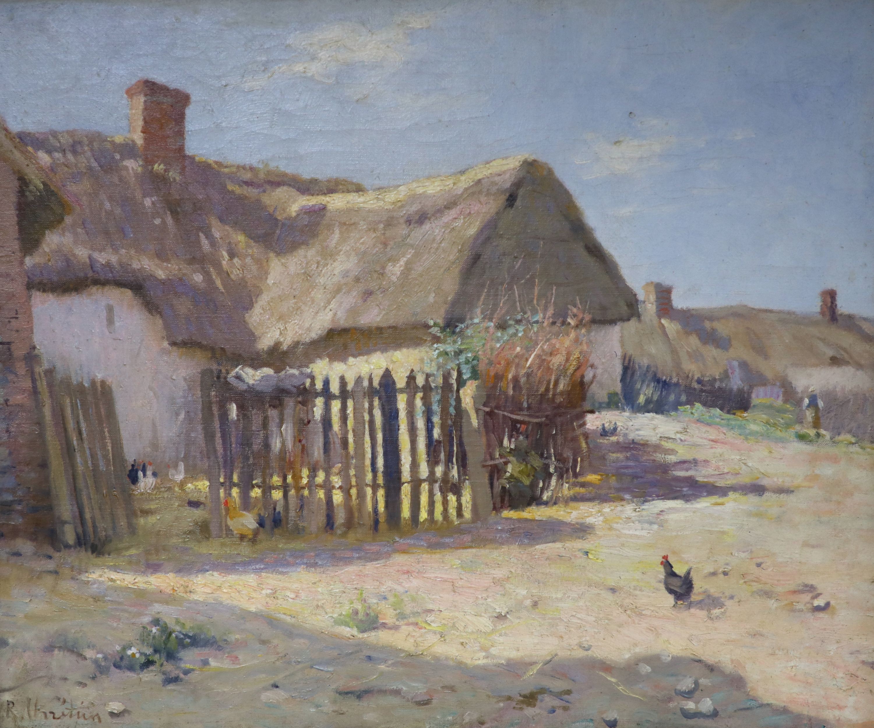 René-Louis Chrétien (French, 1867-1942), Chickens in a farmyard, Oil on canvas, 37 x 45cm.